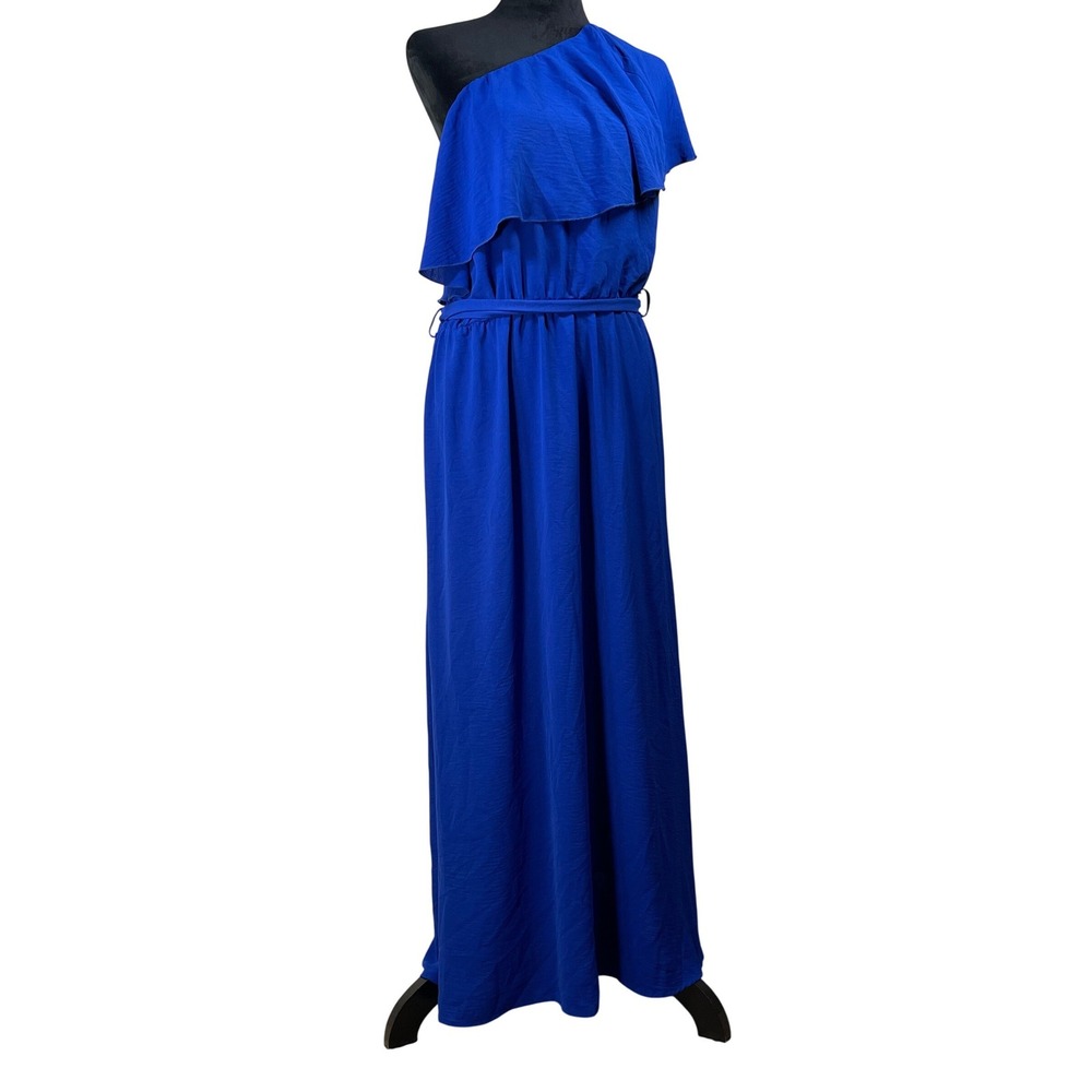 Kirundo Royal Blue One Shoulder Ruffle Maxi Dress XL Asymmetrical Belted Gown